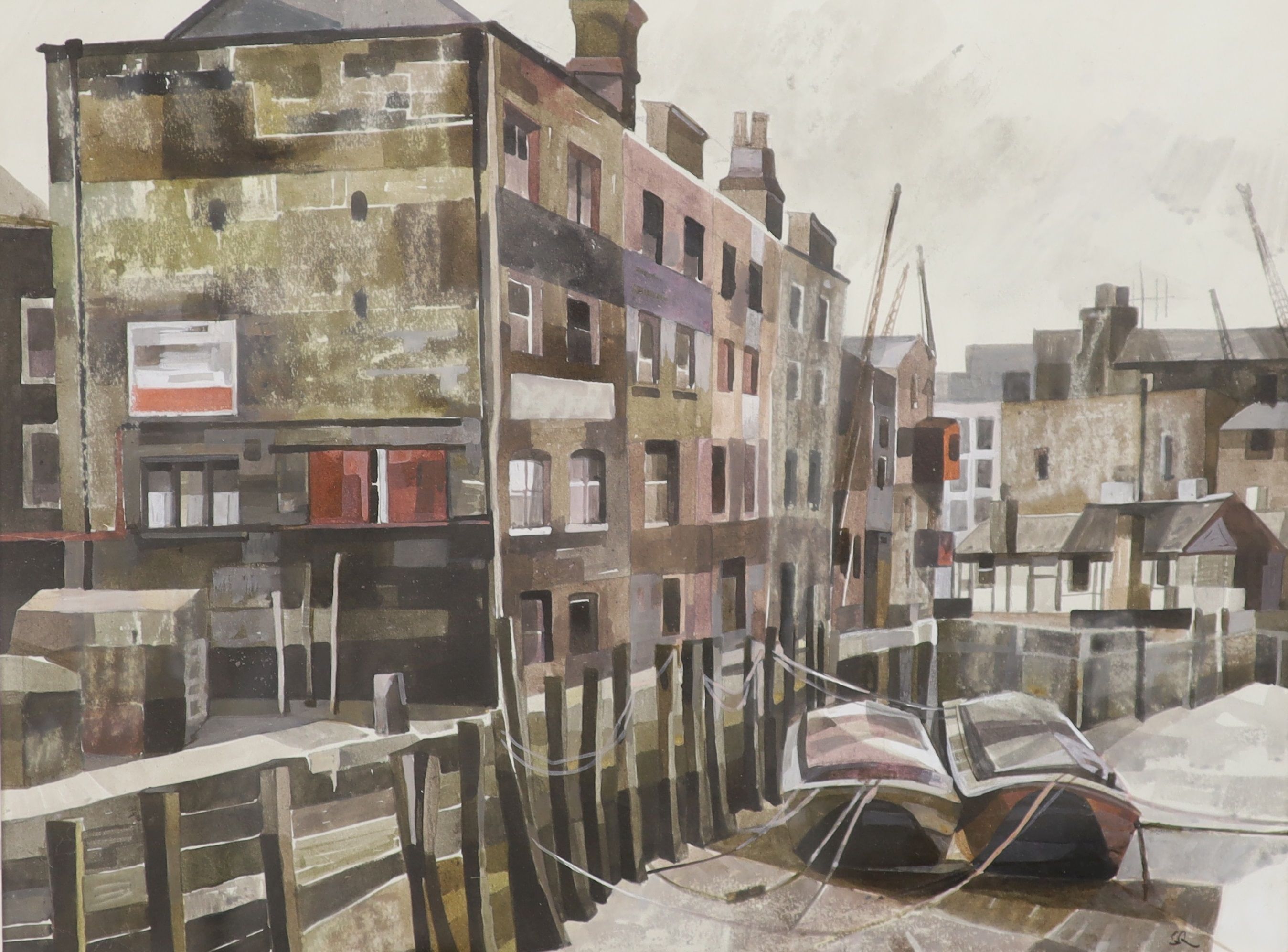 Sonia Robinson (b.1927), watercolour, Riverside near Rotherhithe, monogrammed, 30 x 40cm